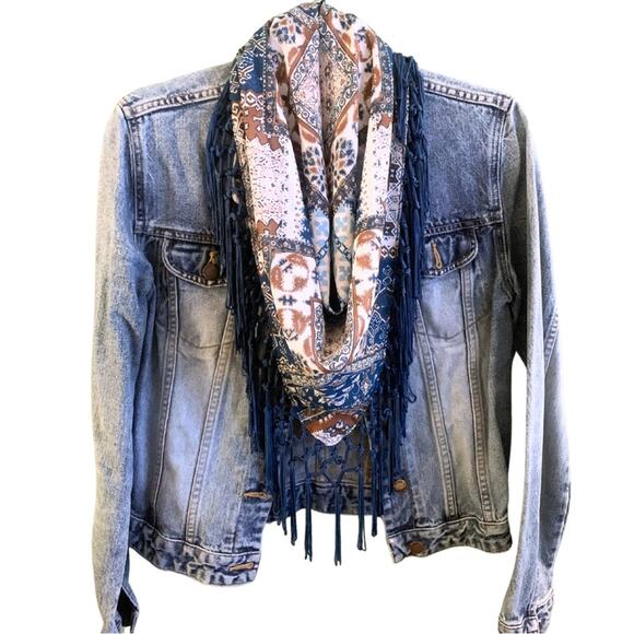 Boho Western Teal Blue Tan Brown Print Bandana Neck Scarf Size XS Fringe - Picture 1 of 11